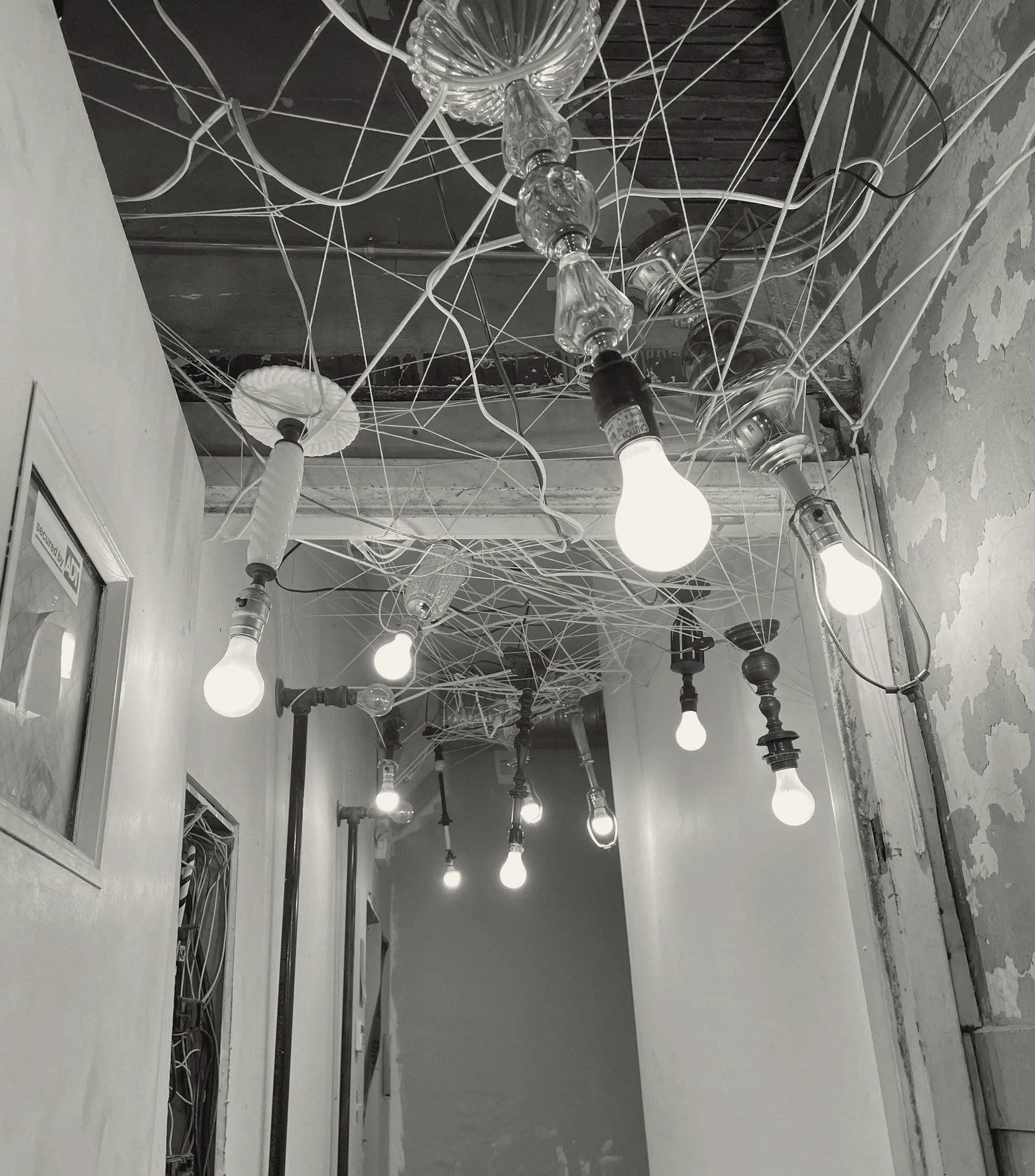 Salvaged lamps wired into one tangle and lit — photograph by Stacey Layne Martin