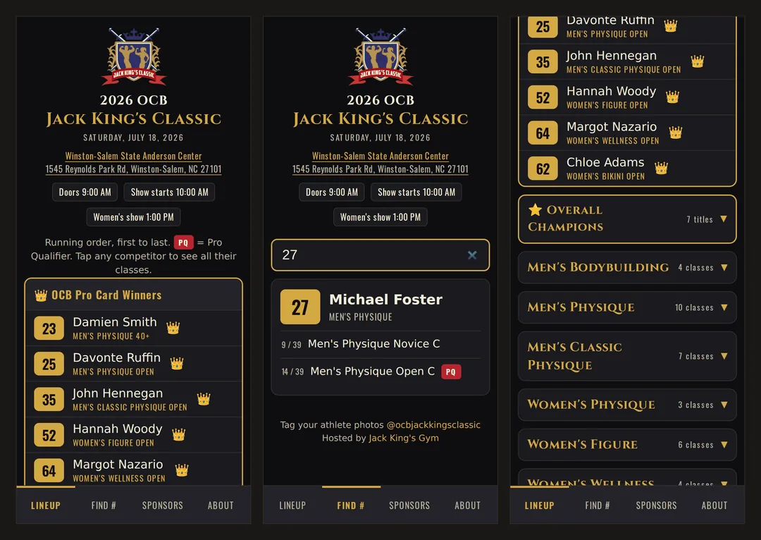 Jack King’s Classic app — search, run of show, live results